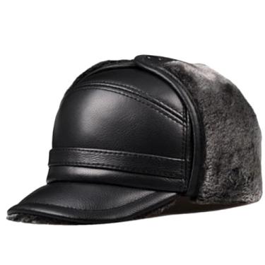 Imagem de Chapéu bomber masculino de inverno quente de couro genuíno pele sintética interna tamanho ultra grande bonés preto 57 58 cm