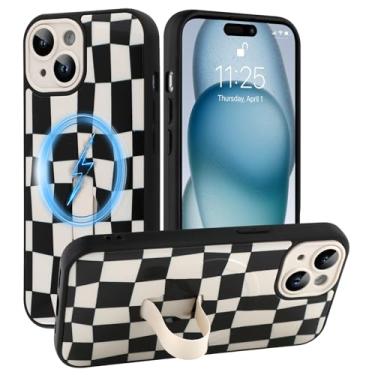 Imagem de SOKAD Capa quadriculada magnética para iPhone 15 com suporte de alça de dedo, compatível com Magsafe, lindo tabuleiro de xadrez projetado para mulheres e homens, capa de proteção completa para câmera