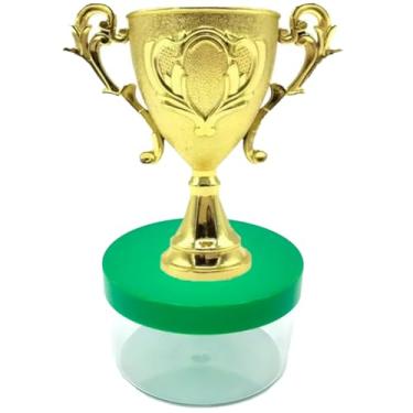 Imagem de Kit Lembrancinha Tema Futebol: Caixinha Acrílica Redonda + Mini Troféu Dourado Decoração Mimos Festa Campeão (10 Taça 10 Caixa Tampa Verde)