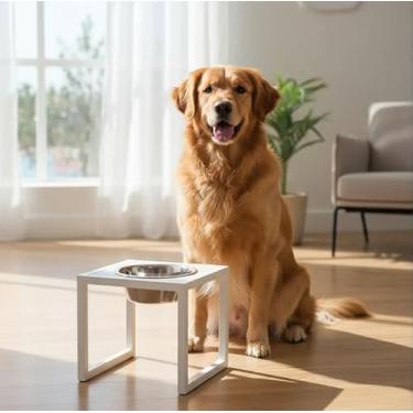 Imagem de Comedouro Elevado para Cães Grandes, Extrutura de Alumínio com Pintura Eletrostática, Tigela Inox Removível, Antiderrapante (BRANCO)