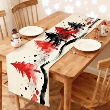 Imagem de Caminho de mesa de Natal 33 x 91 cm - Decoração de mesa de jantar de cozinha de inverno impressa em aquarela árvores de Natal em vermelho e preto com redemoinhos para decoração de casa festiva de