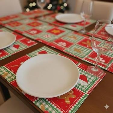 Imagem de Conjunto de 5 jogos americanos + caminho de mesa estilo americano para o Natal Para mesas de jantar e reuniões em casa(Biscoito Natalino)