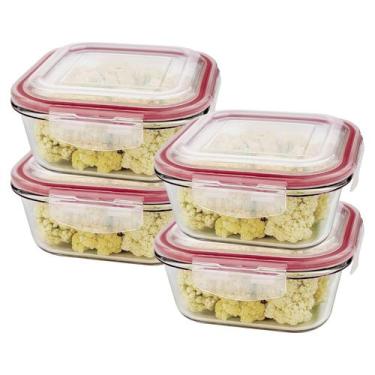 Imagem de Kit 4 Potes De Vidro Hermético Quadrado Tampa Lock Marmita Mantimento 