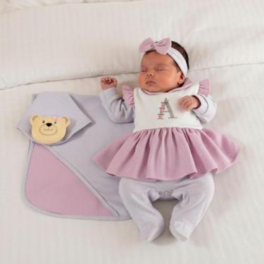 Imagem de Saída de Maternidade Personalizada Lilás Para Bebê Kit 05 Peças com Ma