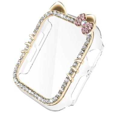 Imagem de Capa de desenho animado com laço de gato para Apple Watch SE/séries 10/9/8/7/6/5/4 44 mm 45 mm com protetor de tela de vidro temperado, capa protetora completa diamante cristal (ouro, 46 mm(S10))