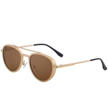 Imagem de Óculos de sol vintage com ponte dupla oval feminino, óculos de sol de metal punk luxuoso para dirigir ao ar livre, UV400 (marrom dourado)