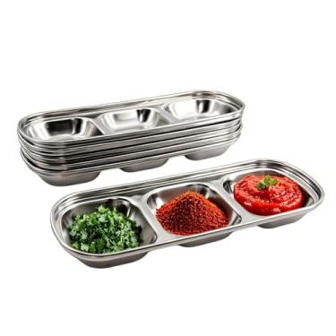 Imagem de JBESUHI 6 peças de prato de molho de soja de aço inoxidável - Tigelas coreanas com 3 compartimentos, prato de molho dividido em prata, bandeja de temperos para churrasco, vinagre, especiarias, sal
