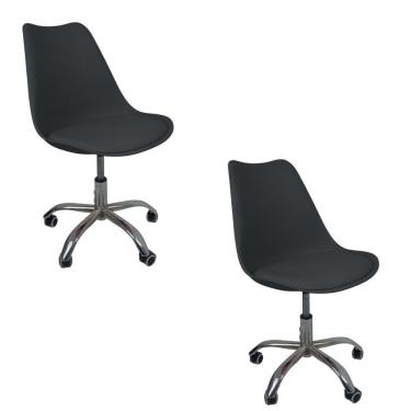 Imagem de Kit 2 Cadeiras Office Base Cromada Com Rodizio Giratória Saarinen Preto