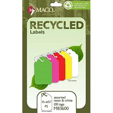 Imagem de MACO Etiquetas brancas recicladas e sortidas de neon amarradas, 13 x 4 cm, 100 por caixa (M83600)