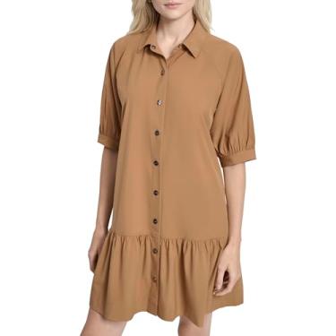 Imagem de DKNY Mini vestido feminino manga cotovelo gola gola babados bainha botão frontal, Trufa, 48
