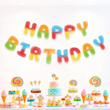 Imagem de Cheerland Banner de doces feliz aniversário colorido decoração de aniversário Candyland guirlanda de aniversário carta pendurada suprimentos de festa tema doce doce decoração colorida doces doces