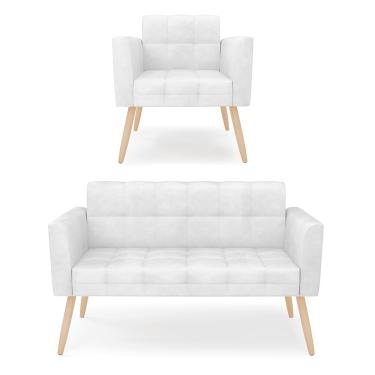 Imagem de Kit 1 Sofá Namoradeira e 1 Poltrona Elisa Corano Branco Pés Palito Natural D03 - D'Rossi