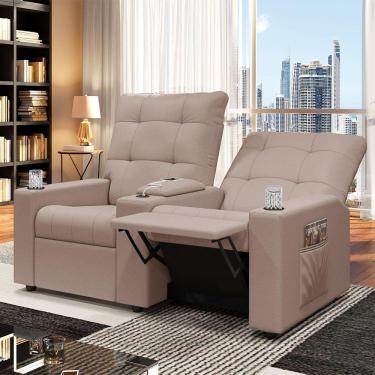 Imagem de Poltrona Do Papai Reclinável Sala De Cinema 2 Lugares Manual Baú Usb Veludo Rosê