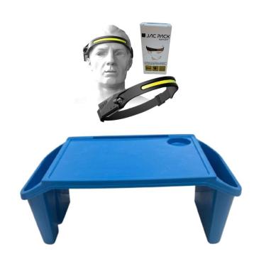 Imagem de Bandeja Mesa Colo Apoio Comer Refeição Cama Suporte Notebook + Luminária Led Azul