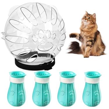 Imagem de Focinheira transparente para gatos com 4 capas de unhas, design de bolha, alça ajustável, máscara respirável para cuidados seguros