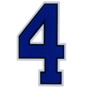 Imagem de 2 peças de adesivos de números de chenille azul real de 20 cm, apliques de ferro para roupas, jaquetas, mochilas, estilo universitário, patch de número grande com borda branca (azul real 4)