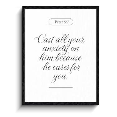 Imagem de 1 Pedro 5:7 Lance toda a sua ansiedade sobre ele, caligrafia minimalista, decoração de parede cristã, arte de parede emoldurada fosca para casa, presente de batismo, 20 x 25 cm