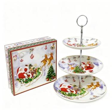 Imagem de Pratos redondos de porcelana com suporte de frutas de Natal com caixa de presente, conjunto de exibição de cupcakes, bandeja de pastelaria branca de Natal para sobremesas, aperitivo, buffet de doces