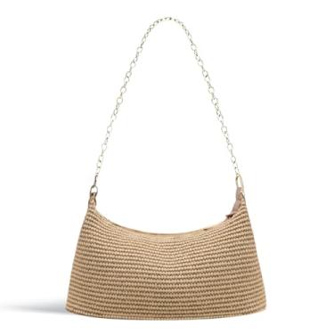 Imagem de Ruvafeny Bolsas de ombro de palha para mulheres, bolsa de praia de verão, bolsa de ombro de tecido de palha, bolsas femininas transversais para férias, Caqui, Medium