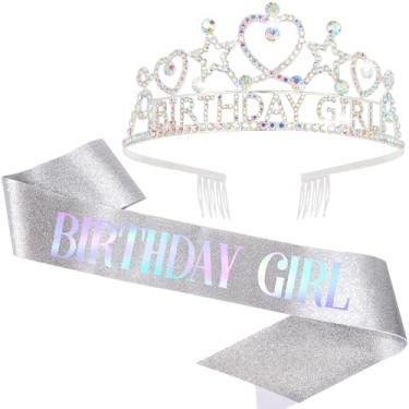 Imagem de ACO-UINT Conjunto de tiara e faixa de aniversário - coroa de strass iridescente prata e faixa de glitter para festa de aniversário, celebração de princesa, presente para meninas e mulheres
