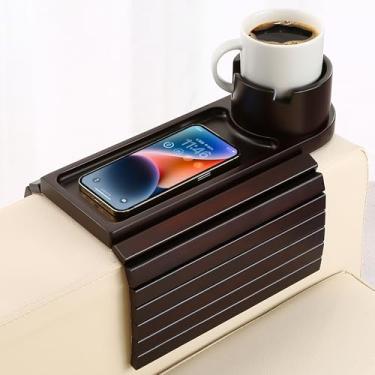 Imagem de BAMTRAY Bandeja de suporte de copo de sofá, suporte de copo de bambu de 40 cm para sofá, clipe de cadeira dobrável 3 em 1 na mesa lateral para mesa de lanche remoto no apoio de braço