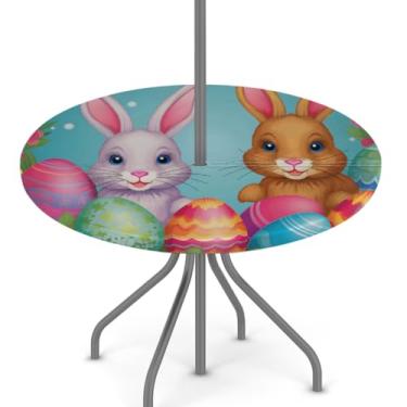 Imagem de hongjinglin Toalha de mesa de Páscoa para uso ao ar livre com orifício para guarda-chuva, toalha de mesa redonda elástica com zíper, impermeável, limpável, para piquenique, festa, pátio, serve para
