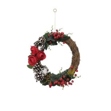 Imagem de Guirlanda 30cm Natal Rústica Pinhas Rosas Vermelhas Enfeite Porta Luxo Decoração Natalina