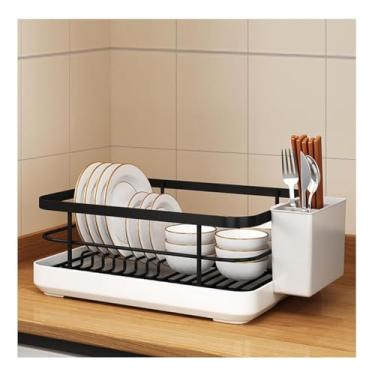 Imagem de HGTRH Escorredor de pratos, escorredor de pratos de aço carbono para balcão de cozinha com suporte de utensílios e suporte de copo preto