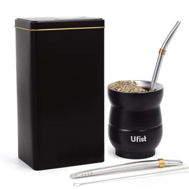 Imagem de Conjunto de xícara de chá de erva mate 5 em 1 com grande recipiente quadrado de erva mate (500 g), 2 canudos Bombilla, escova de limpeza, copo mate de 136 g (URY)