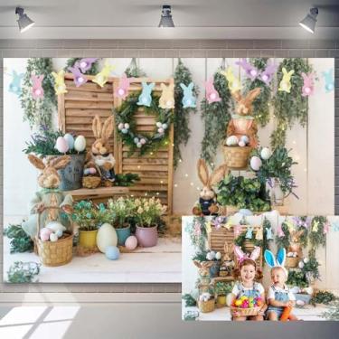 Imagem de 2,1 x 1,5 m Primavera Páscoa pano de fundo verde guirlanda de plantas coloridas ovos coelhos fotografia fundo para crianças, tema de Páscoa, decoração de festa, papel de parede de quarto, decoração de