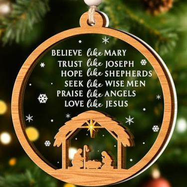 Imagem de Enfeites de presépio - Enfeite cristão para árvore de Natal - Enfeites de Natal religiosos, presente religioso para amigos da família - Ornamento de Jesus - 2 camadas de madeira acrílica decoração de