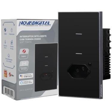 Imagem de Interruptor Inteligente Zigbee Novadigital 2 Teclas Botões Soft Touch 1 Tomada 20A Quartzo Compatível Com Tuya Smart Life Alexa Google 110V 220V Bivolt 4x2 Preto