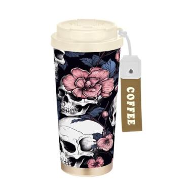 Imagem de Wassud Caneca de café de viagem com isolamento de caveira rosa copo à prova de vazamento com tampa e canudo garrafa de água de aço inoxidável para café quente/gelo, chá e cerveja