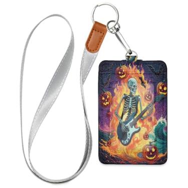 Imagem de Wassud Suporte de crachá de couro PU para tocar guitarra com cordão, porta-cartão de identificação para trabalho, cordão de pescoço com compartimentos para cartões de crédito, funcionários, estudantes