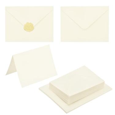 Imagem de PATIKIL Pacote com 50 envelopes bege 10 x 15 cm com cartões, envelopes A6 de aba em V com cartolina e adesivos dourados para cartões comemorativos de casamento, convites de aniversário, carta postal