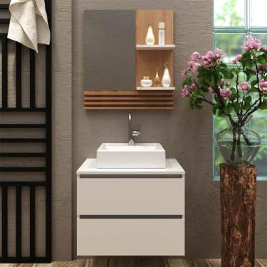 Imagem de Kit Balcão para Banheiro com Cuba e Espelho Branco Amêndoa - Tecno Mob