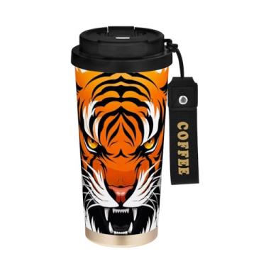Imagem de YETTASBIN Caneca de café Tiger com isolamento térmico de 482 g com tampa canudo, copo à prova de derramamento e vazamento com alça para bebida quente e fria, garrafa de água de aço inoxidável
