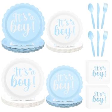 Imagem de Qinyoung 197 peças de decorações de chá de bebê para meninos incluem pratos de sobremesa recortados de folha azul, copos, guardanapos, conjuntos de talheres serve 24 para revelação de gênero