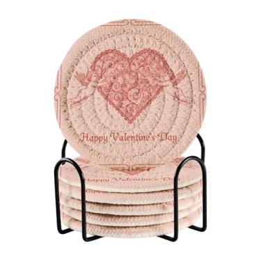 Imagem de GakkiGii Conjunto de 6 porta-copos redondos absorventes de dia dos namorados com suporte, porta-copos de tecido para mesa de centro, bar, decoração de cozinha