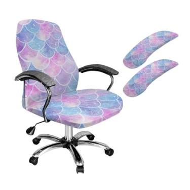 Imagem de Batyqompu Protetor de cadeira de escritório com escamas de sereia rosa azul com apoio de braço, capas elásticas laváveis para cadeira de chefe, antipoeira, removíveis, capas de cadeira de encosto alto