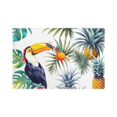 Imagem de Jogo americano com estampa de pássaros de folhas tropicais para mesa de jantar, conjunto de 6 resistentes ao calor, fácil de limpar para uso diário