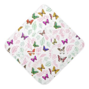 Imagem de Burbuja Toalha de banho de bebê com folhas de borboletas coloridas - Toalha com capuz de musselina macia e absorvente para recém-nascidos, 89 x 89 cm