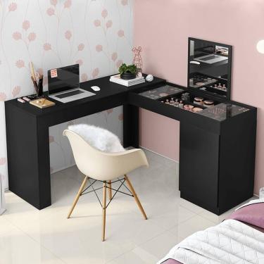 Imagem de Escrivaninha Penteadeira Canto Star Com Nichos E Painel Com Espelho Fixo E Vidro De Correr Design Moderno Preto Fosco