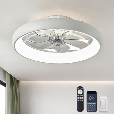 Imagem de LUDOMIDE - Ventiladores de teto com luzes e controlo remoto, ventilador de teto de perfil baixo de 20 polegadas com luzes, 6 velocidades de vento, ventilador de teto LED regulável moderno, ventilador