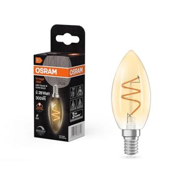 Imagem de Osram Vintage 1906 Classic é uma lâmpada LED regulável branca quente em forma de mini vela com filamento em espiral. Inclui 3,5 W, 300 lm, soquete E14, vidro dourado, 35 mm de diâmetro, 2200 K.