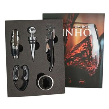 Imagem de Kit de Vinho com 05 Peças, Formato de Livro, Aço Inox e Plástico, 21x16.5x3.5cm, Inclui Saca-Rolhas, Anel Salva-Gotas, Bico Dosador, Tampa e Corta Lacres