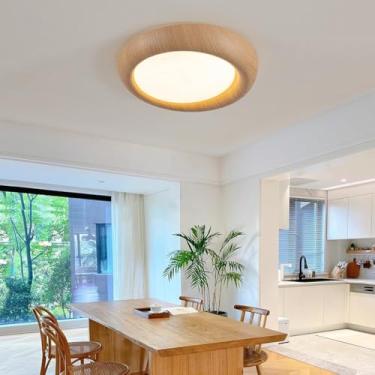 Imagem de Luminária de teto LED dimerizável com cúpula acrílica na cor madeira retrô, ideal para quarto, iluminação decorativa criativa com controle remoto, adequada para cozinha, sala de jantar, sala