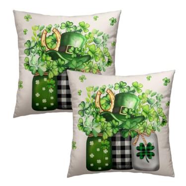 Imagem de Evlaschin Capas de almofada de São Patrício 45,7 x 45,7 cm, conjunto de 2 vasos de trevo verde trevo de algodão, fronhas, chapéu de elfo, ferradura, buffalo, xadrez, pedreiro, poltrona, sofá, férias