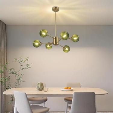 Imagem de Lustre dourado para ilha de cozinha, luminária pendente de vidro verde, luminárias pendentes modernas de meados do século, luminárias Sputnik de metal, luminária com cúpula esférica para sal