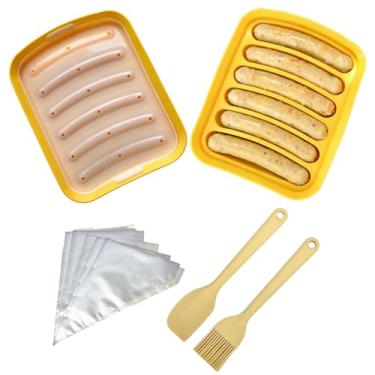 Imagem de 2 moldes de silicone para salsicha com um conjunto de espátula de escova de silicone e 25 sacos de pastelaria, forma antiaderente para pão de cachorro-quente, salsicha de presunto feita à mão, molde